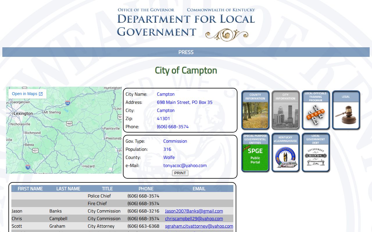 Kentucky DLG Campton city and police record profile