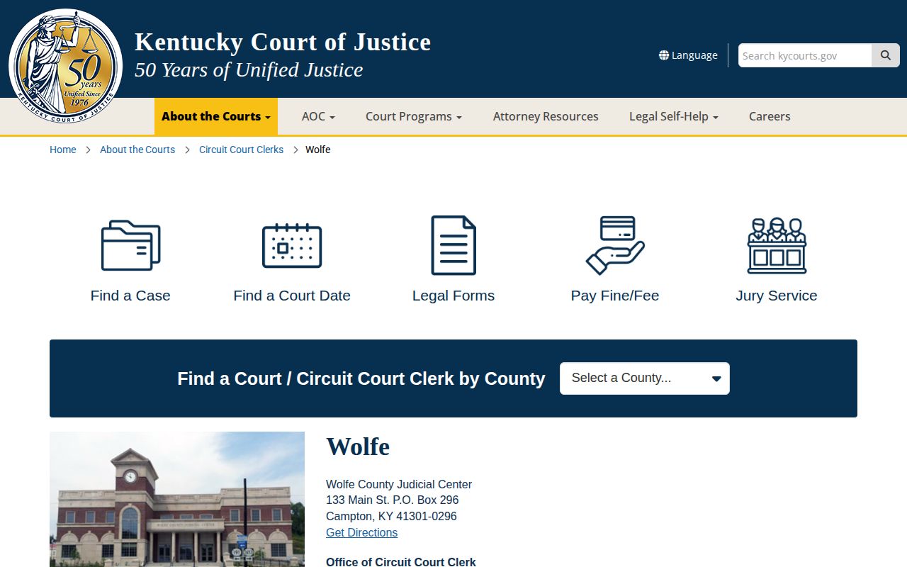 Wolfe County court record and warrant verification page