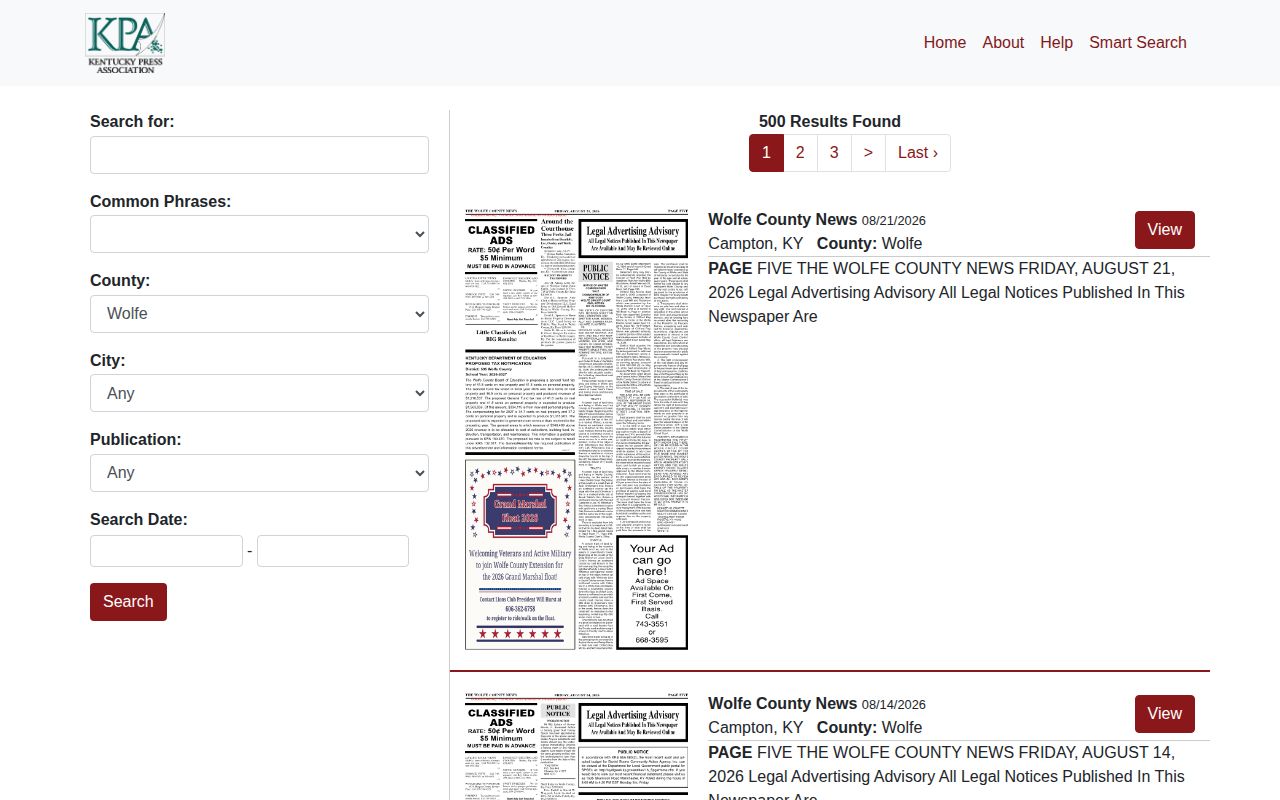 Wolfe County News jail report and public-notice archive
